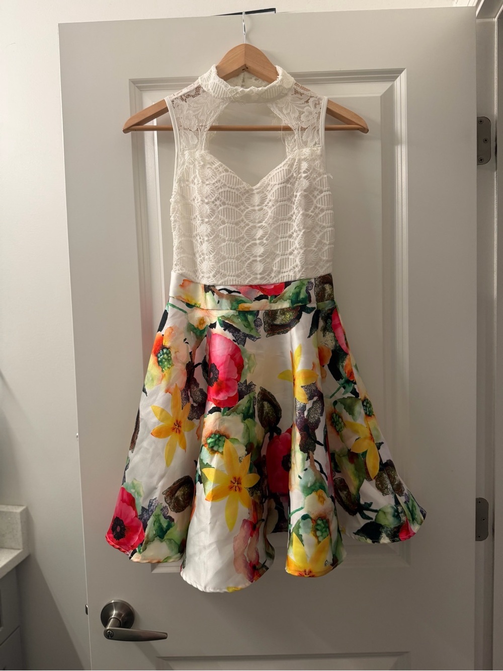White Lace Bodice Floral Skater Dress for Girls